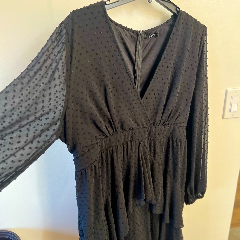 Boohoo black ruffle dress. Sheer sleeves. Dotted detail. Size XXL/18